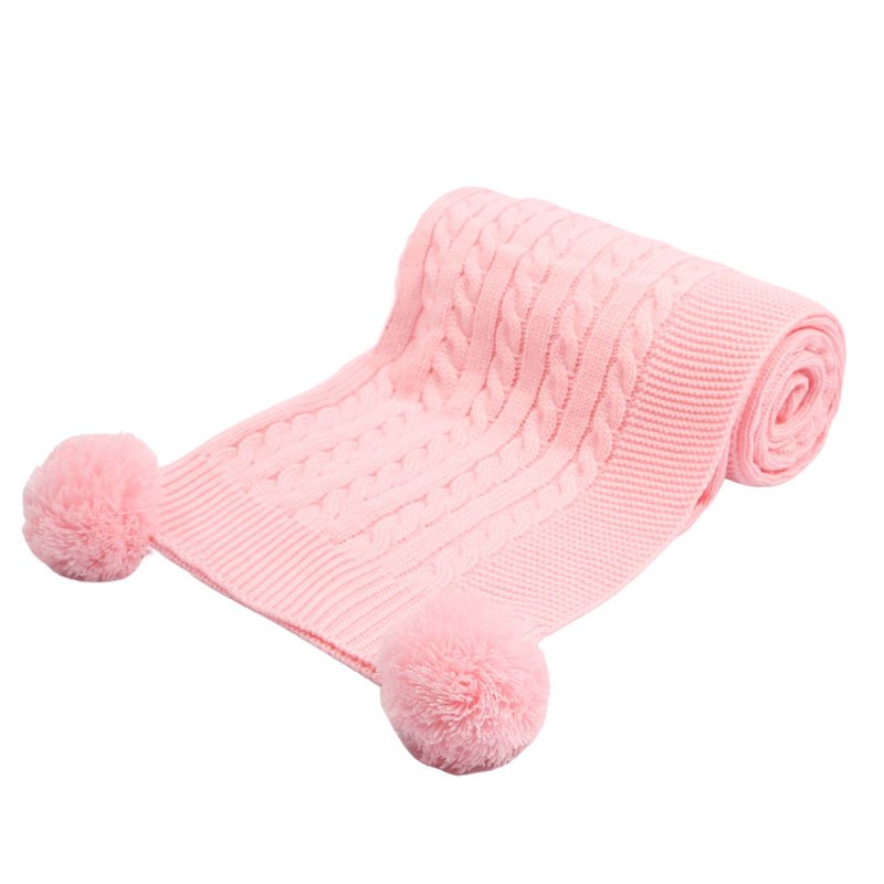 Κουβέρτα βρεφική πλεκτή ροζ με pon pon