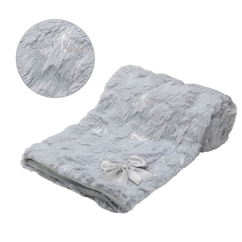 Κουβέρτα βρεφική βελούδινη γκρι με ανάγλυφα αστεράκια και φιόγκο