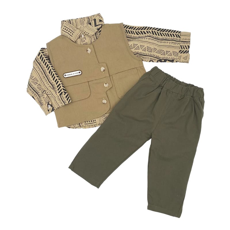 N171-361-8 Σετ boho μπεζ-λαδί με γιλέκο (3 τμχ) - Image 1