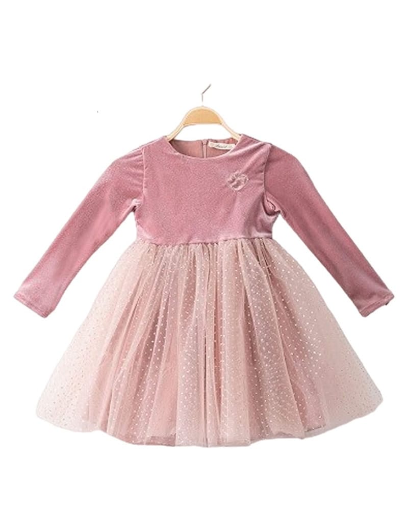 1016-22273A Φόρεμα ροζ-σάπιο μήλο βελουτέ-glitter και ασορτί στέκα μαλλιών - Image 1