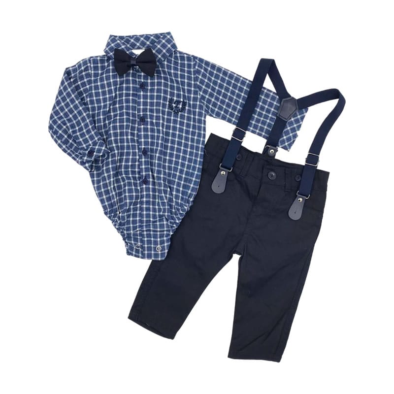 7123B-1 Βρεφικό Κοστούμι μπλε καρό-μπλε με τιράντες και παπιγιόν - Image 1