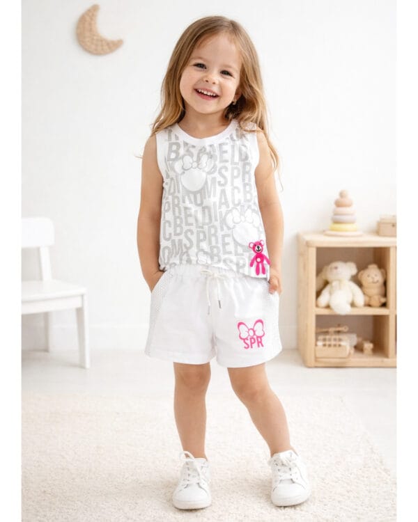 Παιδικό σετ για κορίτσι λευκό-ασημί με σορτς - Image 2