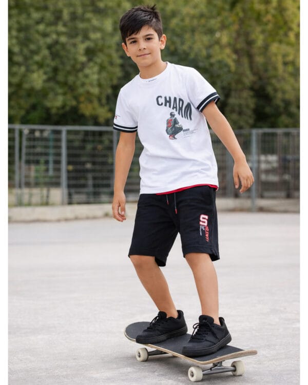 Παιδικό σετ για αγόρι λευκό-μαύρο με σορτς - Image 2