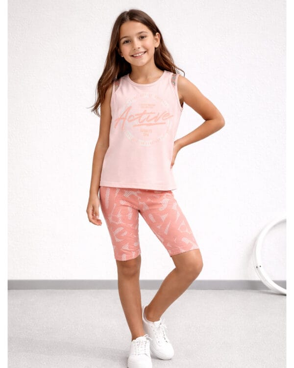 Παιδικό σετ για κορίτσι ροζ της πούδρας-σομόν με biker κολάν (3 τμχ) - Image 3
