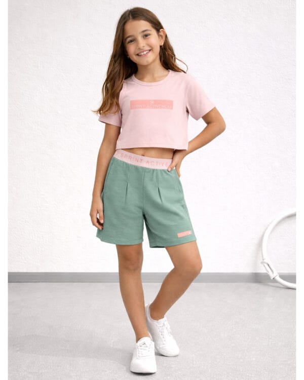 Παιδικό σετ για κορίτσι ροζ της πούδρας-πράσινο με σορτς - Image 2