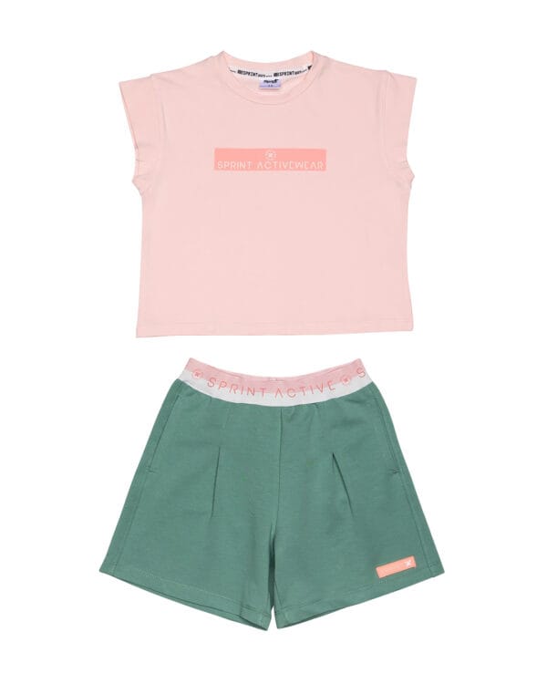 Παιδικό σετ για κορίτσι ροζ της πούδρας-πράσινο με σορτς