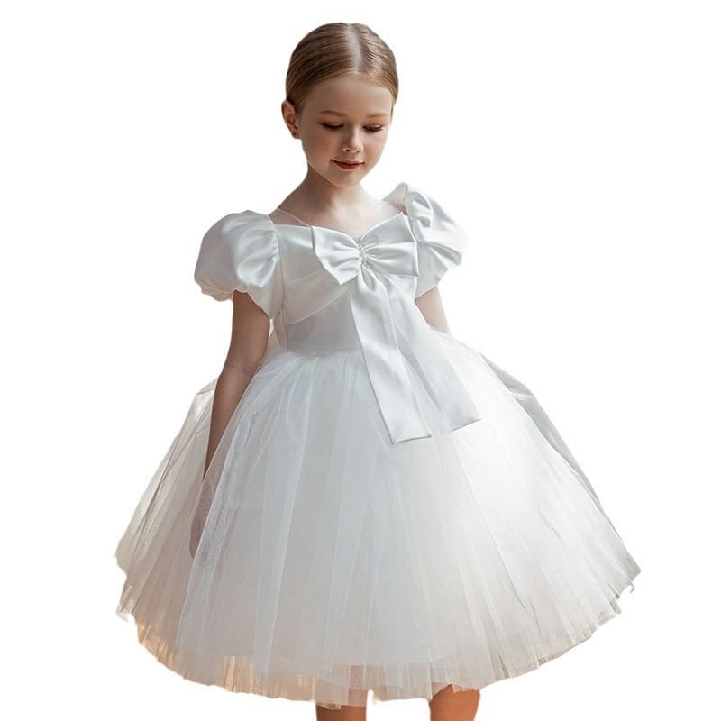 N193-048 Παιδικό φόρεμα λευκό με φιόγκο στο επάνω μέρος - Image 1