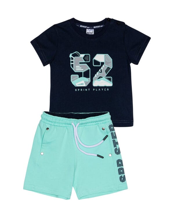 Παιδικό σετ για αγόρι μπλε σκούρο-aqua με τύπωμα στην πλάτη