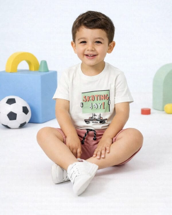 Παιδικό σετ λευκό-σάπιο μήλο Skating day με σορτς - Image 2