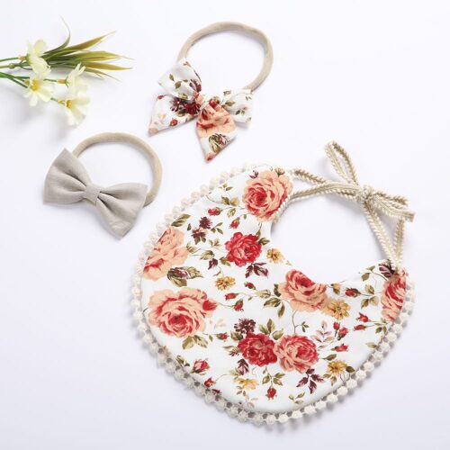 Σετ – Σαλιάρα floral-boho διπλής όψης και κορδέλες μαλλιών - Image 3