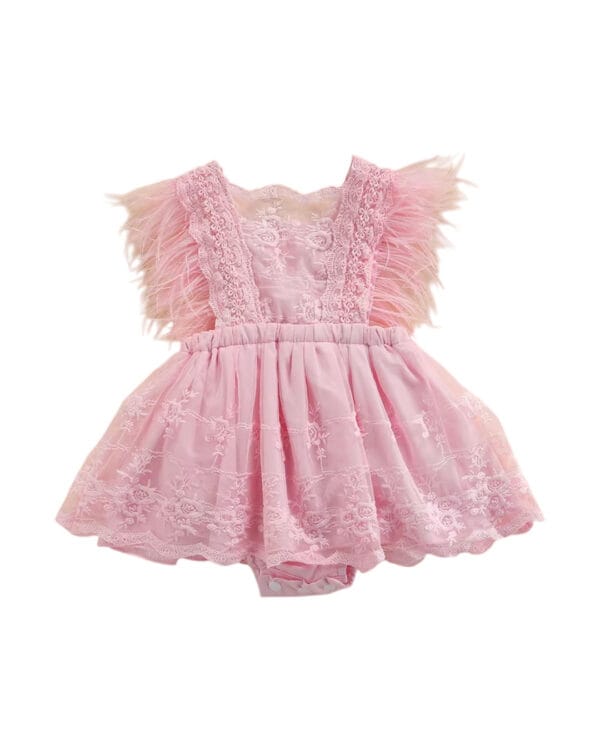 Βρεφικό κορμάκι ροζ με δαντέλα και πούπουλα