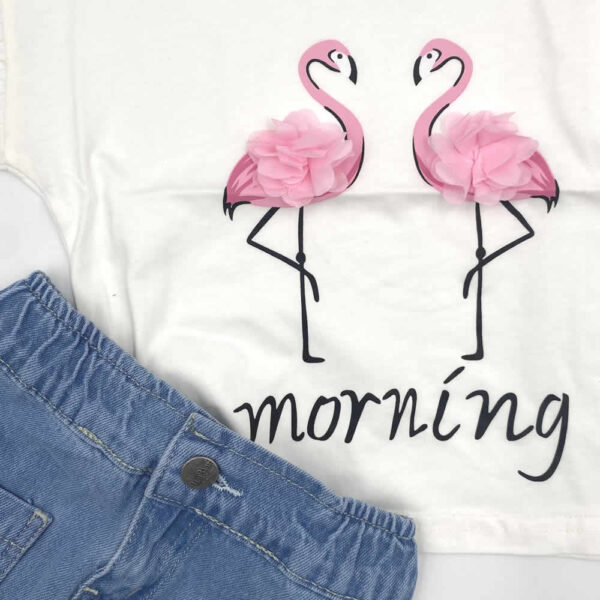 Σετ λευκό-τζιν με φούστα και Flamingo - Image 4