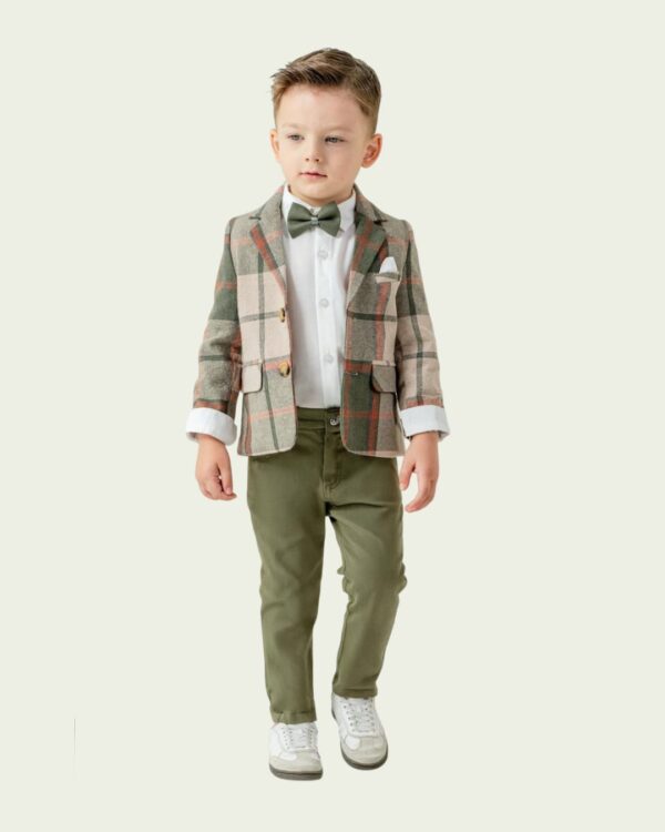 Παιδικό κοστούμι σε λαδί αποχρώσεις με καρό σακάκι - Image 2