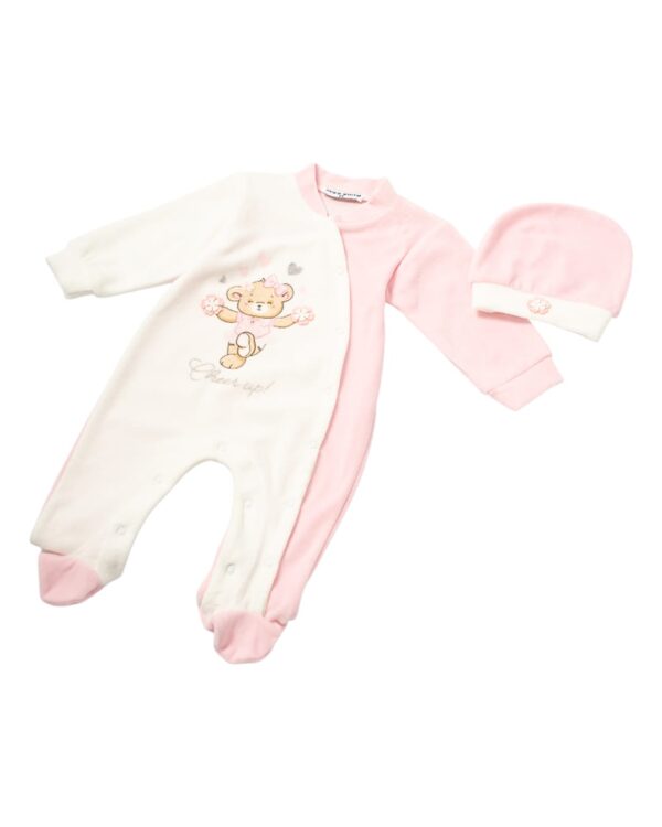 Βρεφικό φορμάκι βελουτέ ροζ-λευκό Αρκουδάκι με σκουφάκι