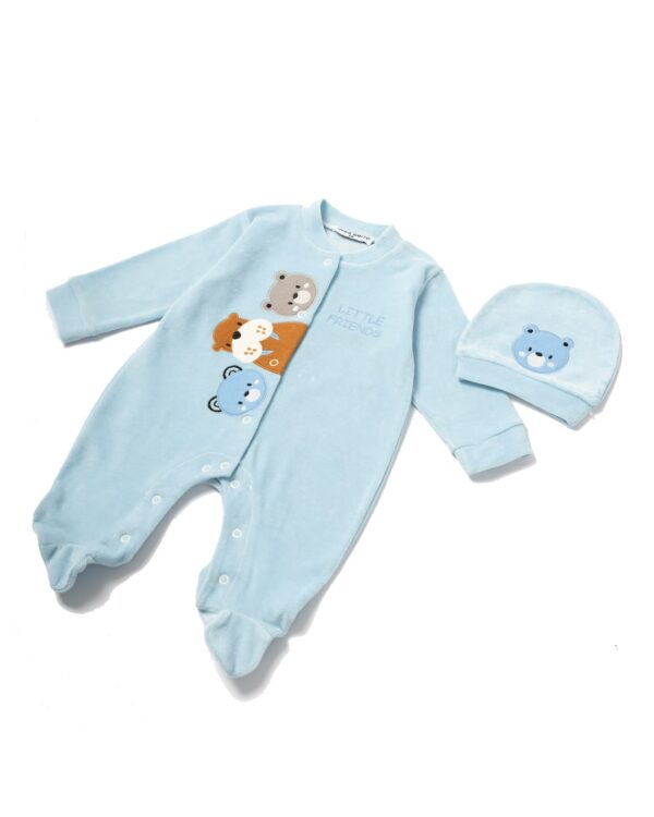 Βρεφικό φορμάκι βελουτέ γαλάζιο Ζωάκια με σκουφάκι