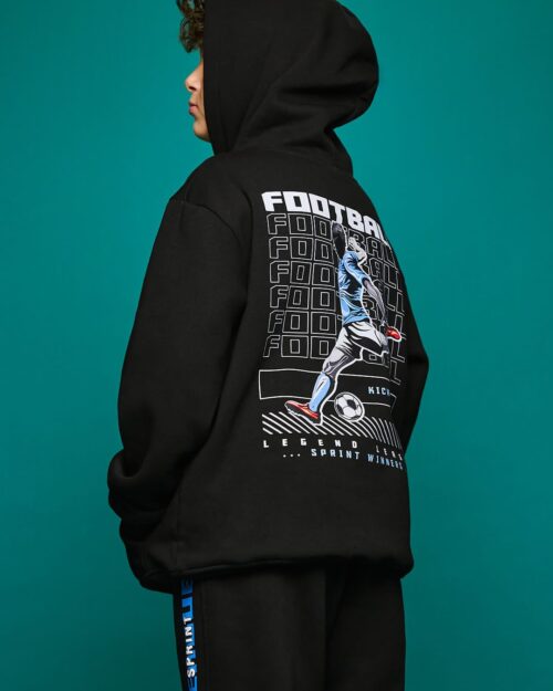 Παιδικό σετ φόρμας fleece total μαύρο Football Scorer με κουκούλα - Image 2