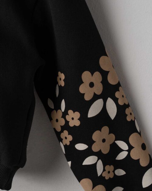 Παιδικό σετ φόρμας fleece βελουτέ μαύρο-ταμπά Floral με κουκούλα - Image 2