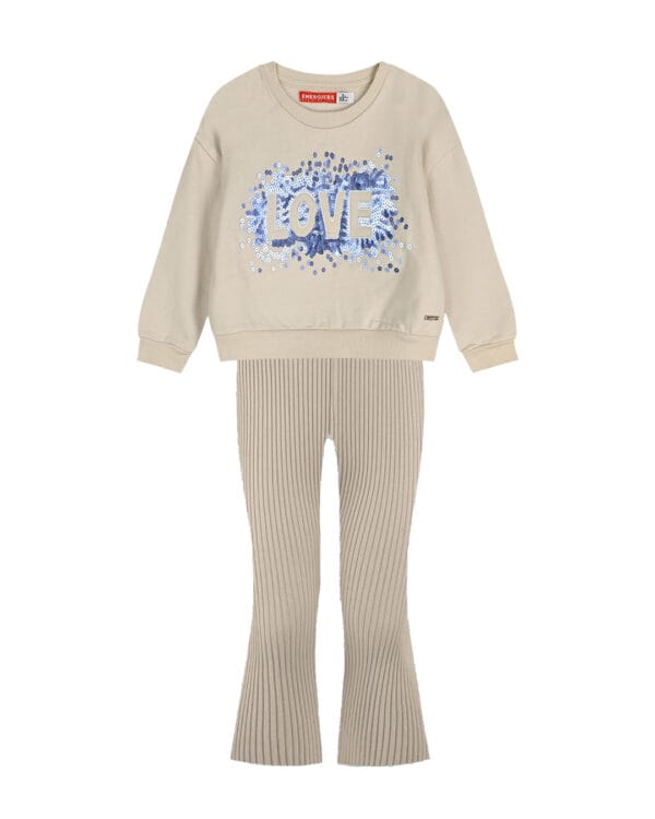 Παιδικό σετ στο χρώμα της βανίλιας με παντελόνι ριπ καμπάνα - Image 4