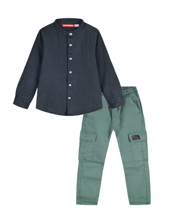 Παιδικό σετ ανθρακί-μέντα με πουκάμισο και cargo παντελόνι