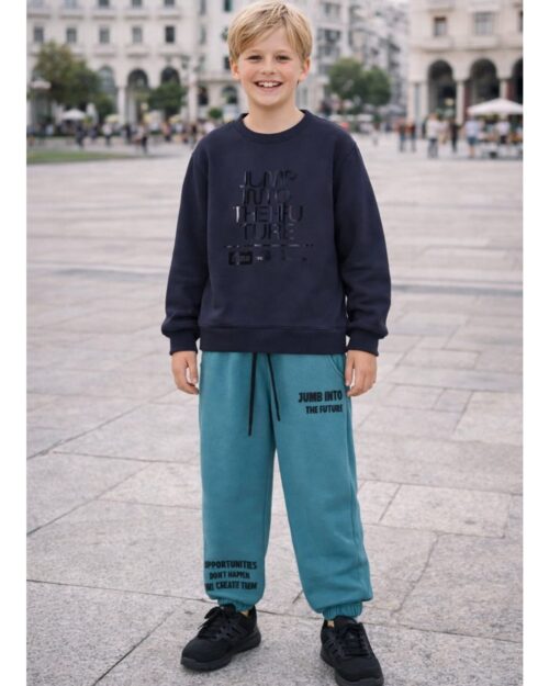 Παιδικό σετ φόρμας fleece ανθρακί-πετρόλ - Image 2