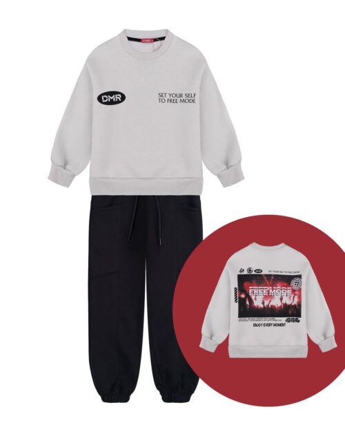 Παιδικό σετ φόρμας fleece ζαχαρί-μαύρο με τύπωμα στην πλάτη - Image 3
