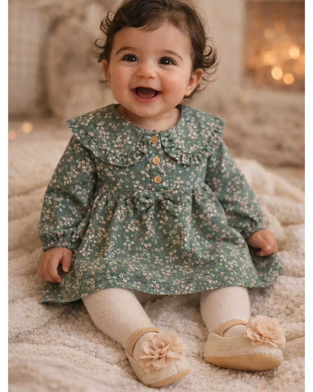 Βρεφικό φόρεμα λαδί floral με vintage γιακά - Image 2