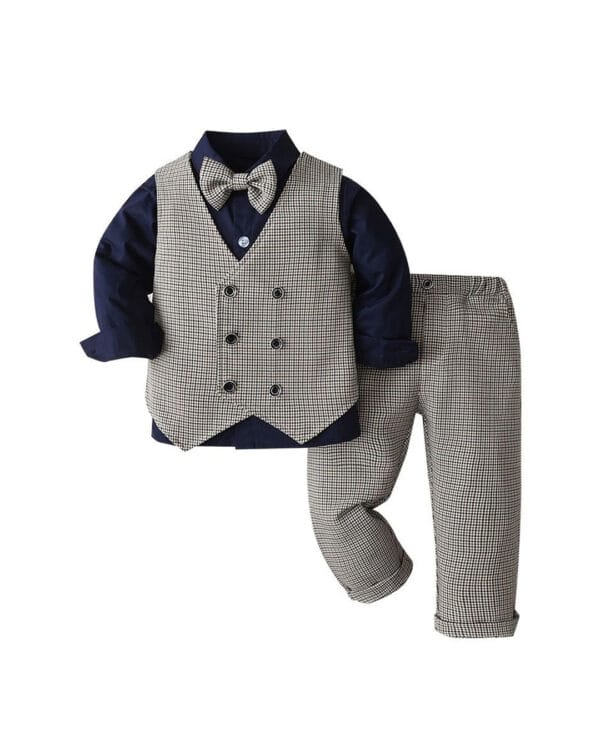 Παιδικό κοστούμι καφέ-μπλε σκούρο pie de poule με γιλέκο