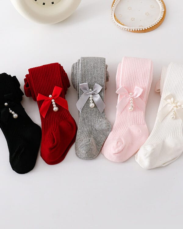 Βρεφικό/παιδικό καλσόν λευκό χοντρό με φιογκάκι και πέρλες - Image 3