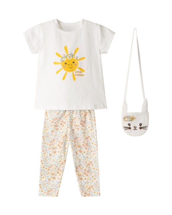Παιδικό σετ λευκό floral με κολάν capri και τσαντούλα