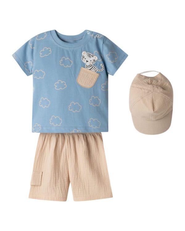 Βρεφικό σετ γαλάζιο-μπεζ με λινό σορτς και καπέλο