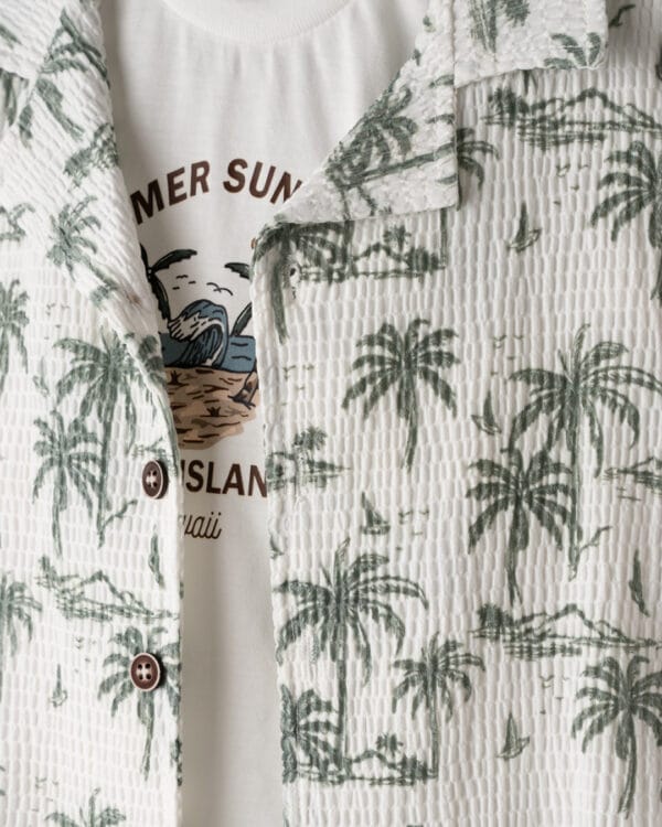 Βρεφικό σετ λευκό-λαδί tropical με πουκάμισο (3τμχ) - Image 2