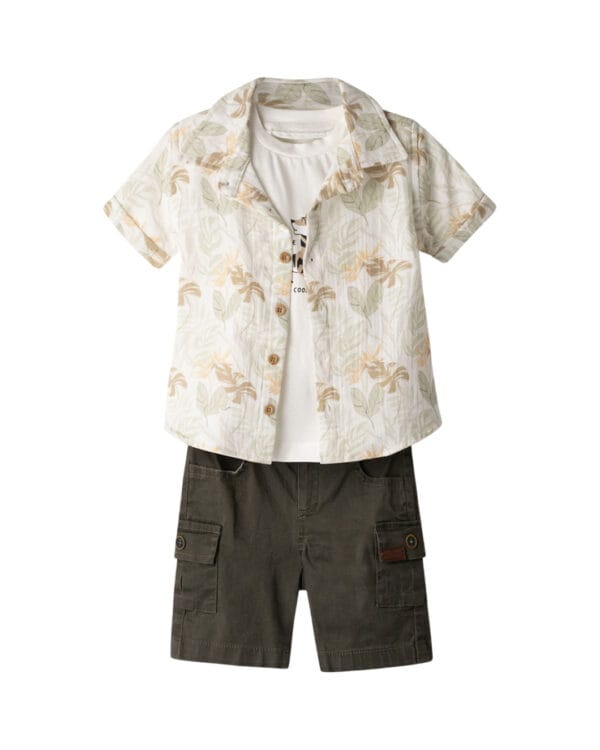 Παιδικό σετ ζαχαρί-χακί tropical με πουκάμισο (4τμχ)