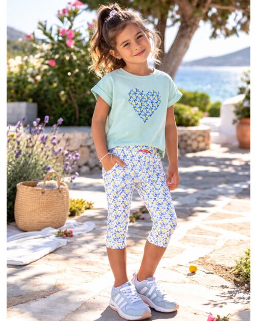 Παιδικό σετ aqua-λευκό Floral με κολάν capri - Image 2
