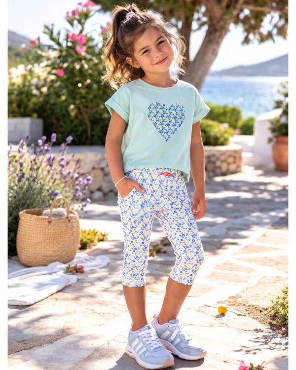 Παιδικό σετ aqua-λευκό Floral με κολάν capri - Image 2