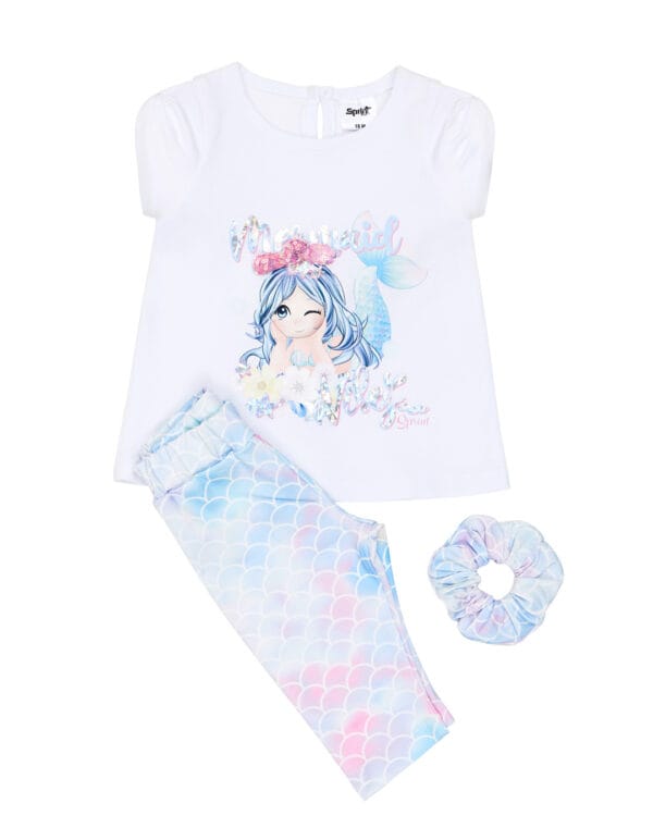 Παιδικό σετ λευκό-mermaid με κολάν capri και scrunchie (με φωτάκι Led)
