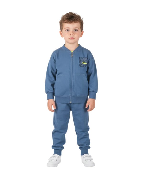 Παιδικό σετ φόρμας αχνούδιαστο μπλε-fluo lime Dino city (3τμχ)