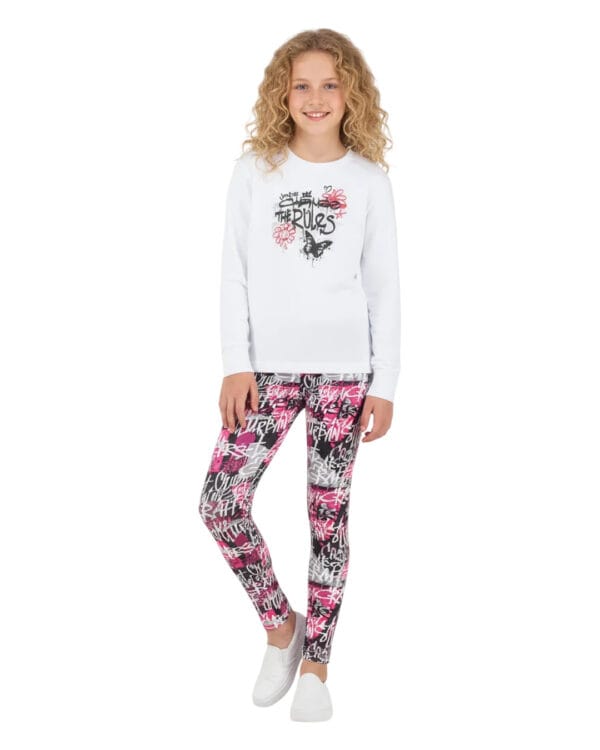Παιδικό σετ αχνούδιαστο λευκό-φούξια/μαύρο με κολάν Rules