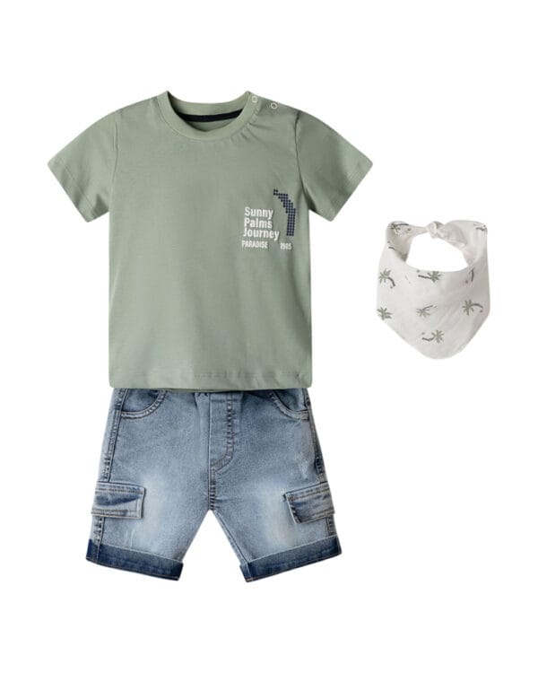 Βρεφικό σετ φυστικί με βερμούδα cargo και σαλιάρα