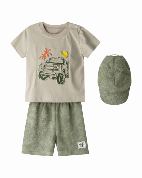 Βρεφικό σετ γκρι-λαδί με ανάγλυφο Αυτοκίνητο και καπέλο