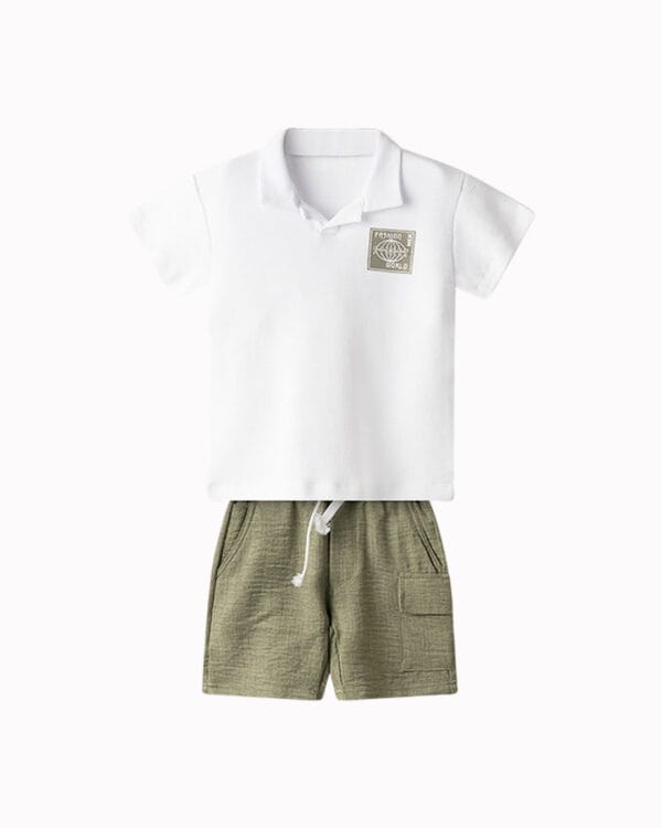 Παιδικό σετ πικέ λευκό-χακί με βερμούδα