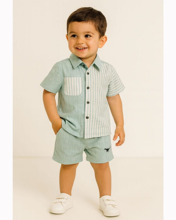 Βρεφικό σετ φυστικί ριγέ με πουκάμισο - Image 2