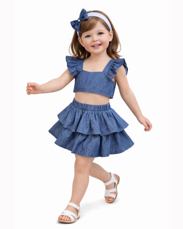 Παιδικό σετ total blue denim με φούστα - Image 2