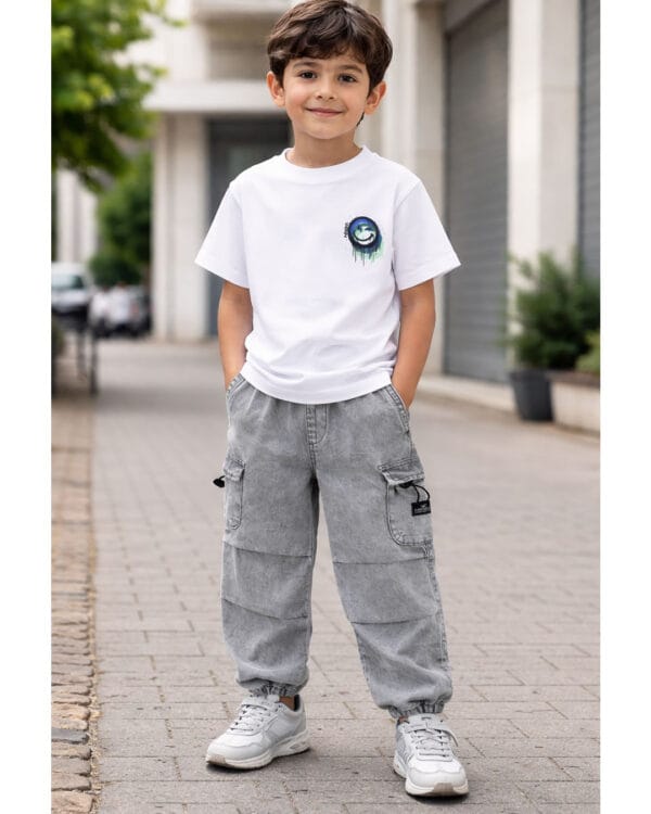 Παιδικό σετ λευκό-γκρι τζιν με λάστιχο στο τελείωμα - Image 2