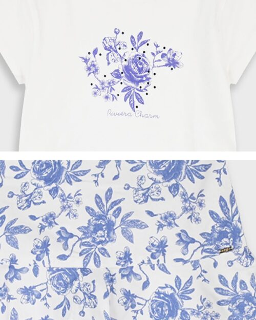 Παιδικό σετ λευκό-μπλε floral με σορτς/φούστα - Image 5