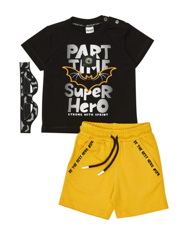 Παιδικό σετ μαύρο-κίτρινο με σορτς και μάσκα Super hero (με φωτάκι Led)
