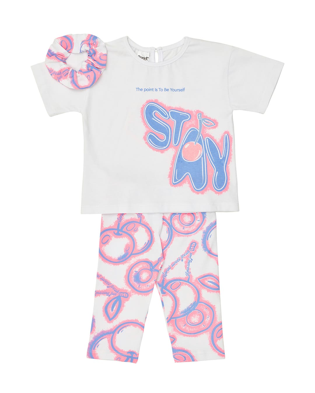 261-2043 Παιδικό σετ λευκό-ροζ fluo με κολάν capri και scrunchie Κερασάκια - Image 1