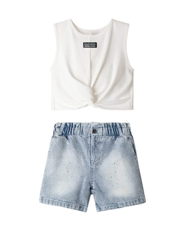 Παιδικό σετ λευκό crop top - τζιν σορτς με στρας