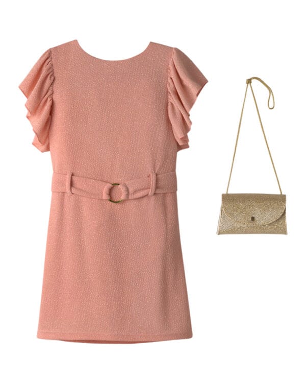 Παιδικό φόρεμα σομόν glitter με ζώνη και τσαντούλα