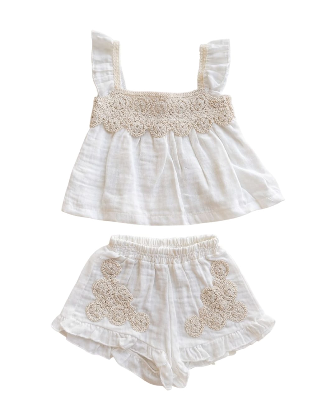 266275-5 Παιδικό σετ λευκό λινό με μακραμέ δαντέλα και σορτς - Image 1