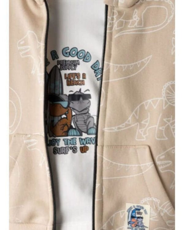 Παιδικό σετ φόρμας αχνούδιαστο μπεζ-ανθρακί με ζακέτα Dino (3τμχ) - Image 2